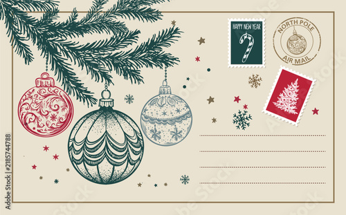 Vintage Christmas Postcard with ball and Stamps	
