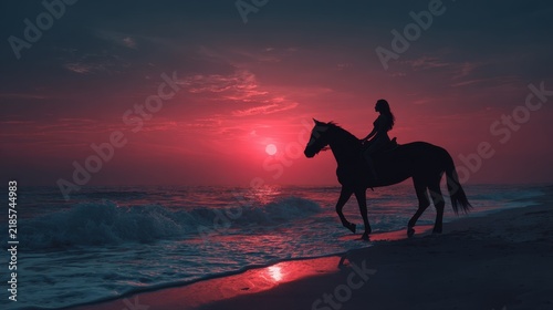Silhouette of a woman riding a horse on a beach at sunset with dramatic red sky. A lone rider and her horse are silhouetted against a vibrant red sunset over the ocean waves crashing on the shore
