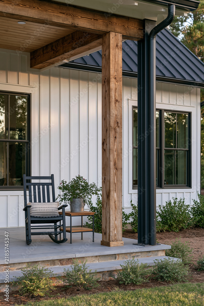 Obraz premium Modern barn home porch with wooden beam, black steel column, rocking chair, and small table