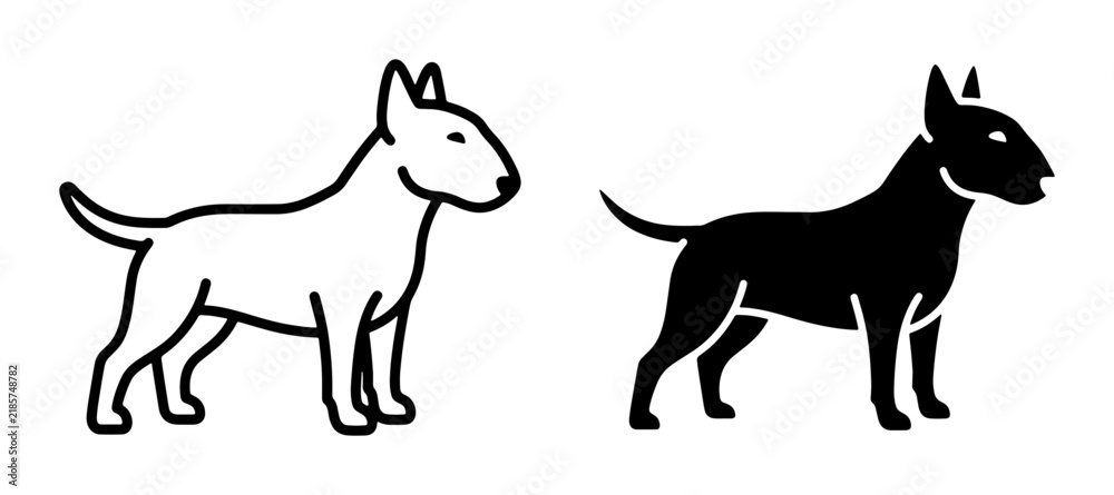 Obraz premium Bull Terrier Dog Icons, Silhouette and Outline Vector Graphics. Pet Breed Animal Symbol Set.