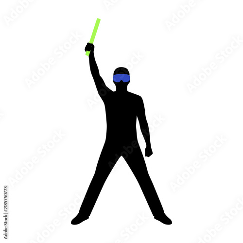 Foto Person in black suit holding glowing green lightsaber up high in air