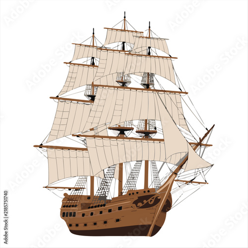 Vintage Wooden Sailing Ship with Full Sails Isolated on White Background. Vintage Wooden Sailing Ship Three Masted Tall Ship Nautical Illustration. sailing ship, tall ship, wooden ship, pirate ship,