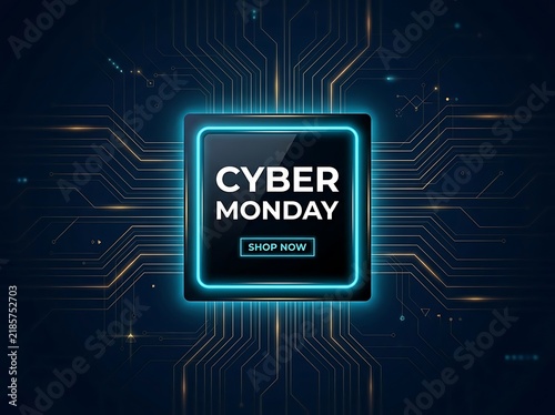 Cyber monday sale banner with neon futuristic microchip and circuit board design