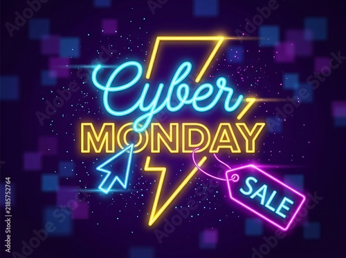 Cyber monday sale neon sign banner with lightning bolt vector illustration