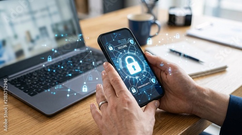 Hands holding a smartphone with glowing digital padlock icon representing cyber security and data privacy protection.