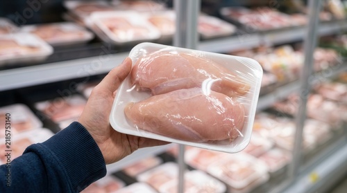 A person holding a package of fresh raw chicken breast in a supermarket aisle.