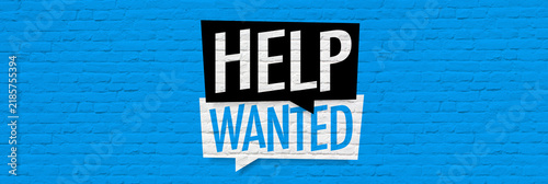 Help wanted sign on blue bricks background, recruitment and hiring concept