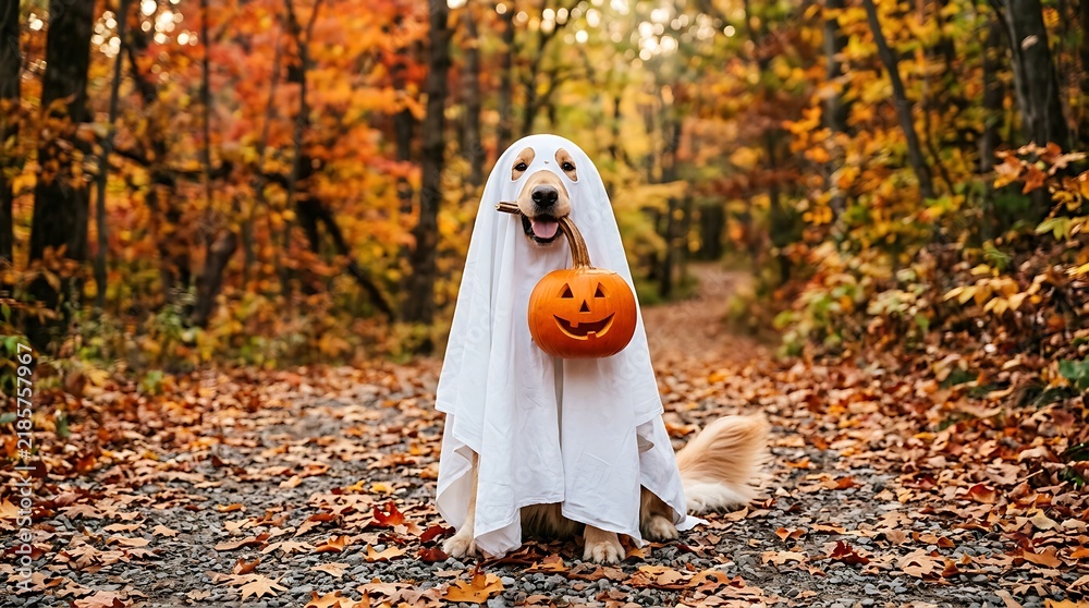 Obraz premium Golden retriever dog in ghost costume holding jack o lantern in forest.