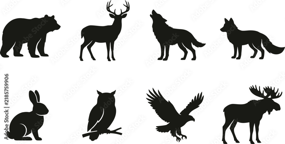 Obraz premium Dark silhouettes showcase a collection of iconic north american wildlife including a bear a deer a wolf a rabbit an owl and
