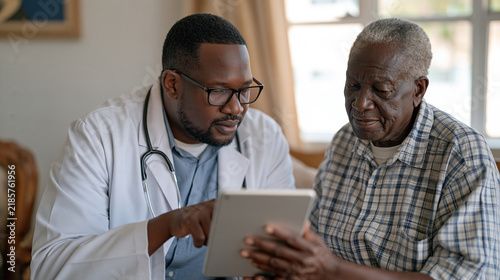 Kenyan doctor using a telemedicine tablet to consult remotely with a neurologist about an elderly rural Parkinson patient, digital health access, mobile healthcare, Africa