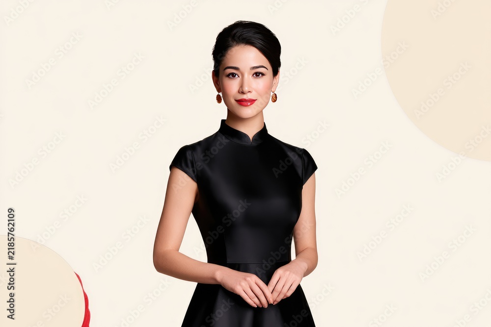 Obraz premium Elegant Woman in Black Dress Posing Confidently Against Minimalist Background