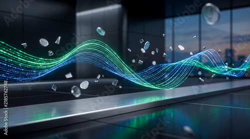 Abstract fintech background with emerald and sapphire financial data waves