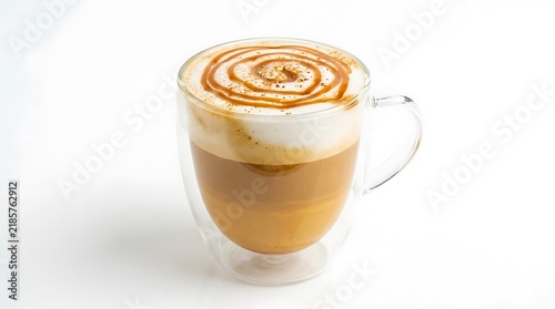 Caramel Macchiato Coffee with Foam and Drizzle in Glass Mug.