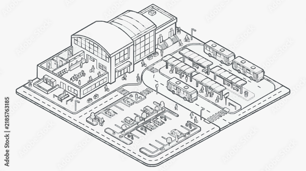 Fototapeta premium Isometric Floor Plan of Bus Terminal with Office Building and Parking Layout