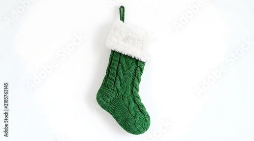 Single Green Knitted Christmas Stocking Hanging on White Wall.