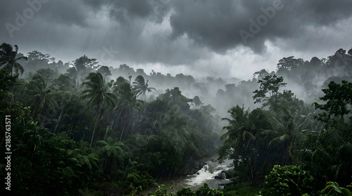 Heavy tropical rainstorm over a lush green jungle landscape with river.