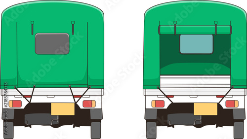 緑色の荷台カバーを付けた軽トラックのベクター素材イラスト