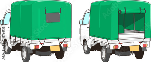 後ろ向きの緑色の荷台カバーを付けた軽トラックのベクター素材イラスト