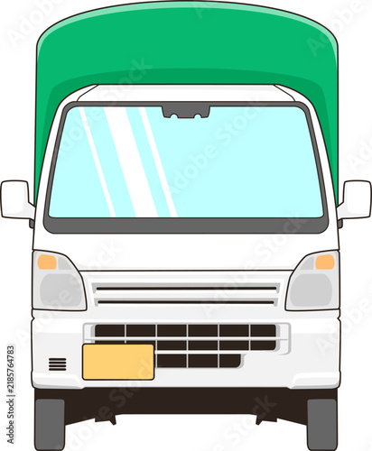 緑色の荷台カバーを付けた軽トラックの正面のベクター素材イラスト