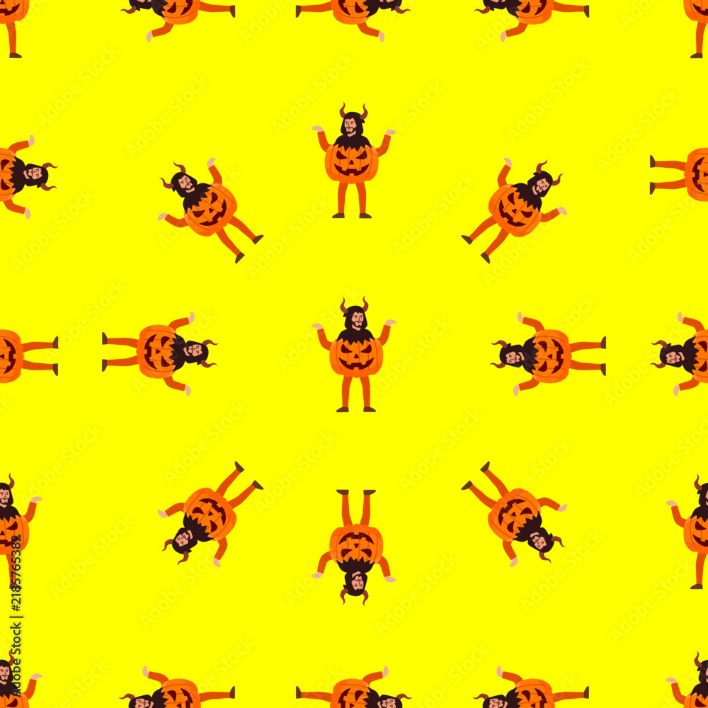 Obraz premium halloween pumpkin costume seamless pattern on bright yellow background