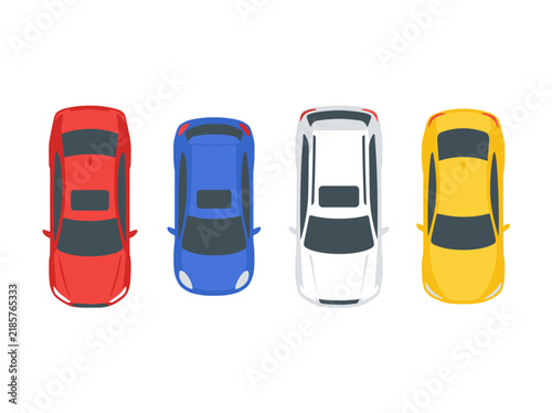 Top down view set of four colorful automobiles, red blue white yellow sedan vehicles, city traffic illustration, automotive navigation transportation
