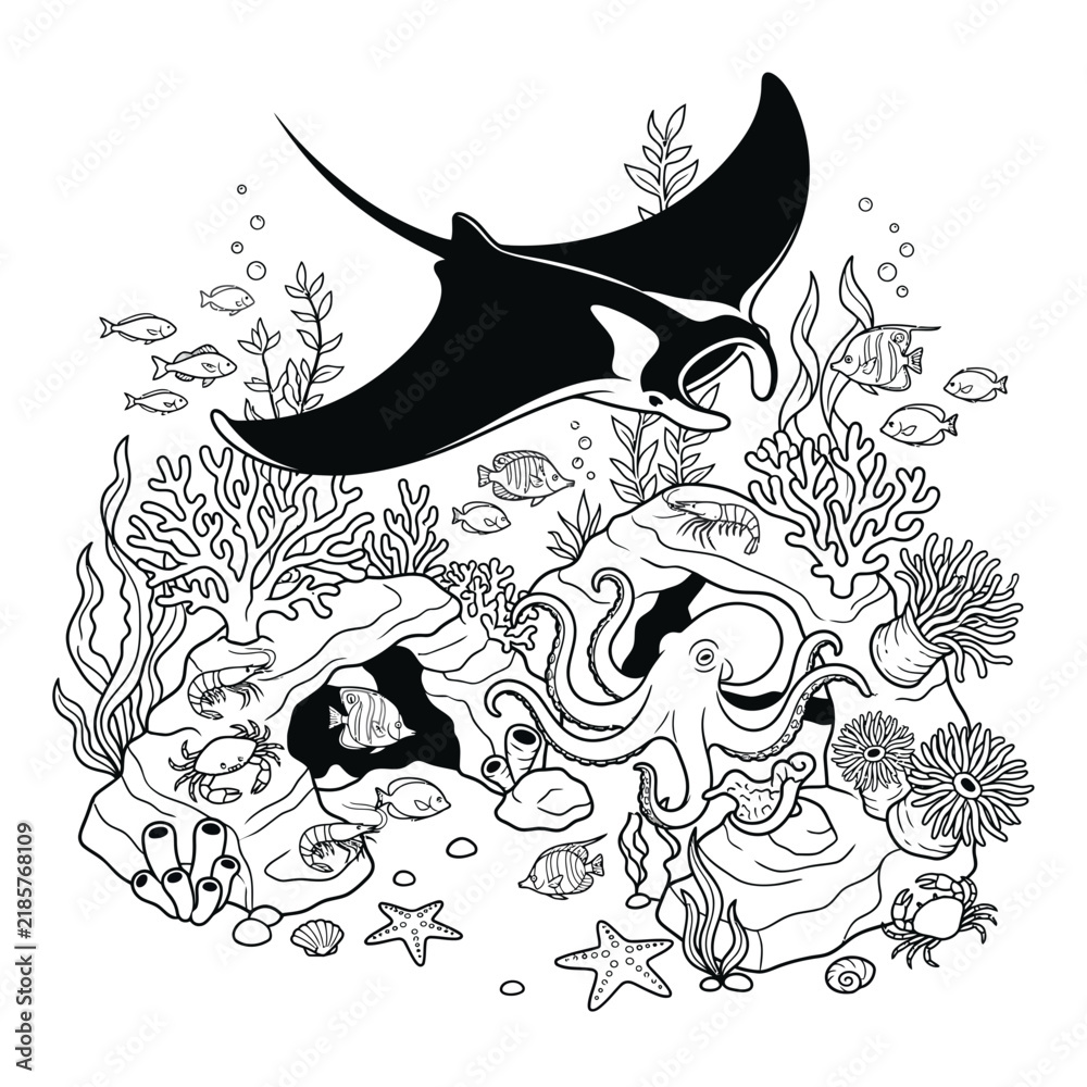 Obraz premium Manta ray swimming over coral reef with diverse sea creatures