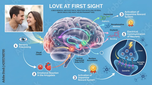 Science of Love 3D Medical Schematic: Neurobiology of Emotions, Dopamine and Oxytocin Pathways in Human Brain