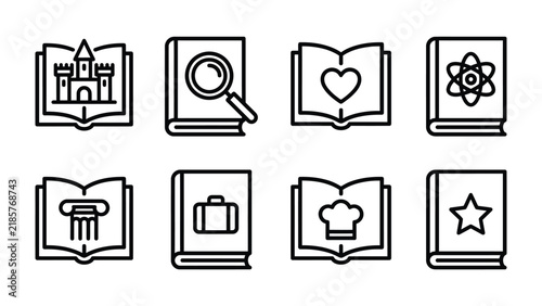 Book Icons Set: A collection of stylized book icons representing various subjects including history, science, law, cooking, travel, love, and achievement, presented in a clean, outline graphic style.