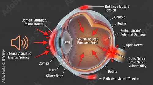 Medical Diagram of Human Eye Impacted by Intense Acoustic Energy and Pressure,