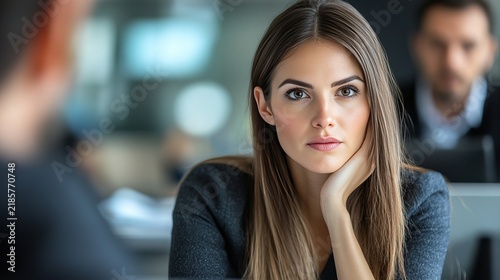 Stressed Young Woman Experiencing Professional Harassment and Intimidation at Modern Office Desk