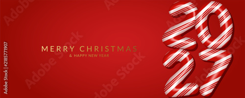 Happy New Year 2027 card. Christmas and New Year greeting card with candy cane numbers.