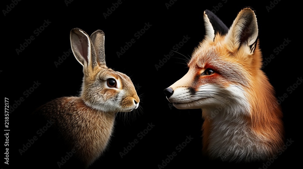 Obraz premium A Fox Head And A Rabbit Facing Each Other In Stark Contrast On A Isolated Solid Black Background.