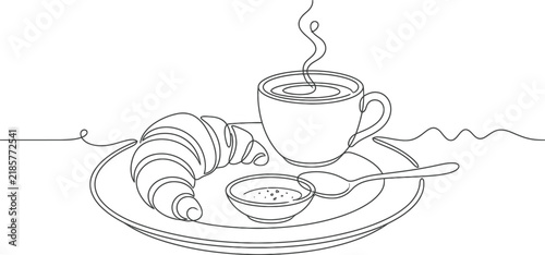 Continuous single line drawing of breakfast with croissant and coffee line art coffee cup hot drink food art breakfast