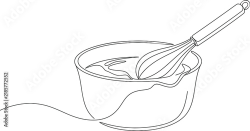 Continuous single line drawing of a kitchen mixing bowl with a balloon whisk kitchen tool minimalist art food prep