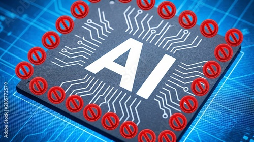 AI chip with words “AI” lettering on chip surface, surrounded by censor symbols, on blue background, technology restriction concept