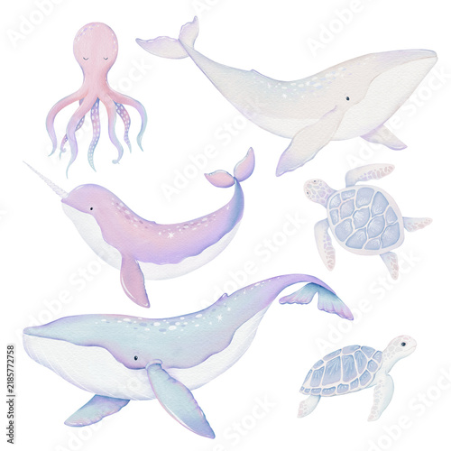 Watercolor hand-drawn clip art with marine life - whale, octopus, turtle, whale, turtle, octopus, narwhal