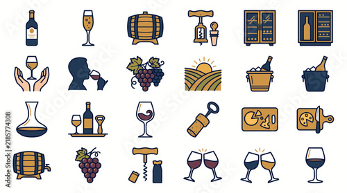 Wine tasting and winemaking line icons showcasing wine bottles, corkscrew tools and wooden barrels, concept for bar menu design and beverage branding