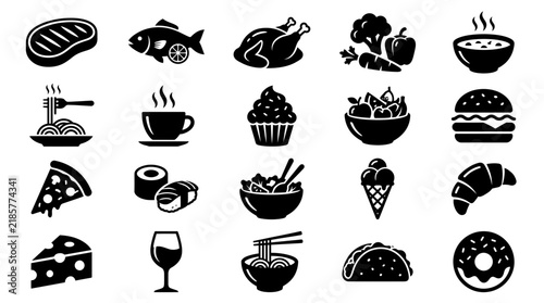 Food and beverage icon set displaying delicious fast food, healthy dining options and refreshing beverages, concept for restaurant menu design and culinary branding