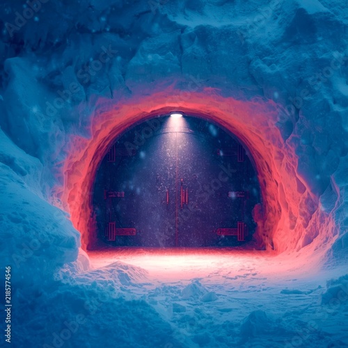 Snowy tunnel glows with red light from within