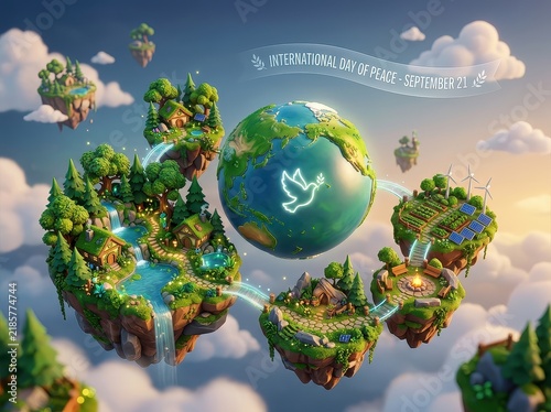 3D miniature floating island planet with peace dove flying above green world