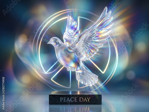 Holographic crystal dove inside glowing futuristic peace circle for Peace Day