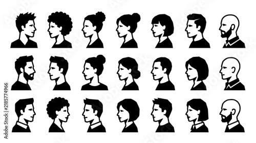 Diverse avatar profile vector icons showcasing male and female heads, various modern hairstyles and minimalist side portraits, concept for user interface design and social network identity