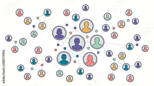 Flat social network diagram and user icons showcasing team structure, digital connections and organizational hierarchy, concept for business collaboration and human resource management