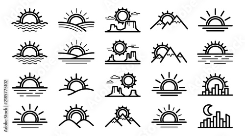 Sunrise and sunset line icon set showcasing mountain landscapes, ocean horizon and city skyline, concept for environmental branding and travel application
