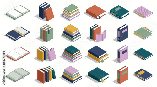 Isometric book vector set and reading icons featuring open hardcovers, stacked notebooks and office binders, concept for academic education and publishing management