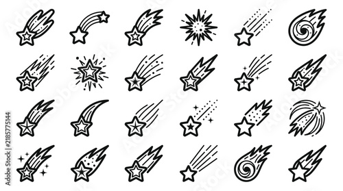 Celestial comet icons and shooting star line symbols showcasing falling meteors, cosmic fireballs and starburst trails, concept for astronomy education and space branding