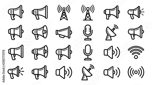 Megaphone line icons and broadcasting symbols showcasing audio announcement, signal tower and sound equipment, concept for digital marketing and media communication