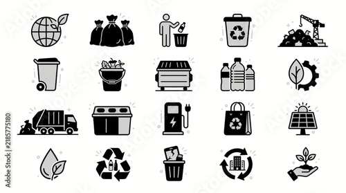 Waste management and ecology icon set showcasing trash recycling, plastic sorting and green energy technology, concept for environmental sustainability and ecological conservation