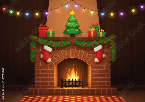 Cozy christmas fireplace interior with festive decorations, stockings, presents, and glowing string lights on wooden wall