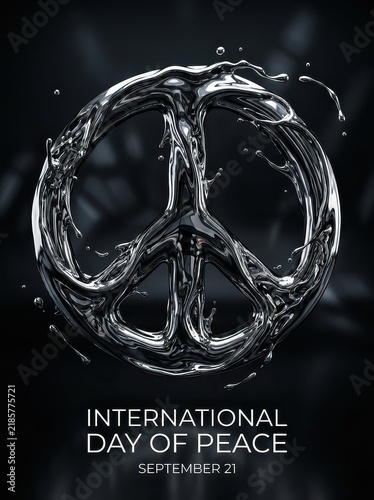 Dramatic 3D liquid chrome peace symbol on black background for Peace Day poster
